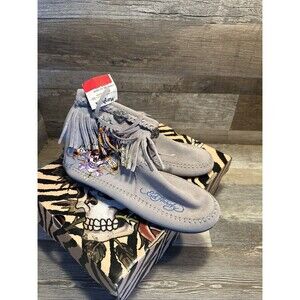 Ed Hardy Gray Suede Moccasins Bootie Silver Tiger Accents with Fringe Size 9